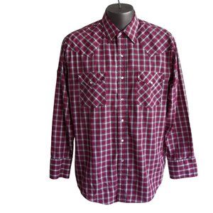 Vintage PLAINS Rockabilly Plaid Pearl Snap Long Sleeve Western Cowboy Shirt Sz L